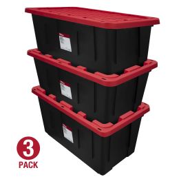 Snap Lid Plastic Storage Bins; Black Base/Red Lid; Set of 3 (Material: plastic, size: 40 gallons)